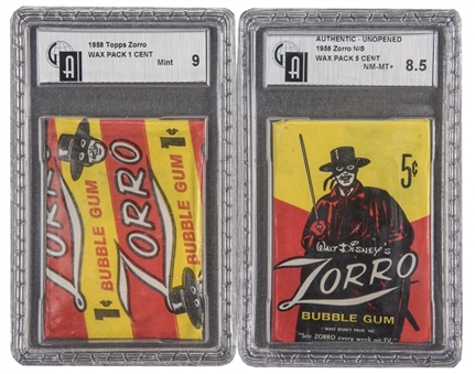 1958 Topps "Zorro" One-Cent and Five Cent GAI-Graded Wax Packs Pair (2 Different)